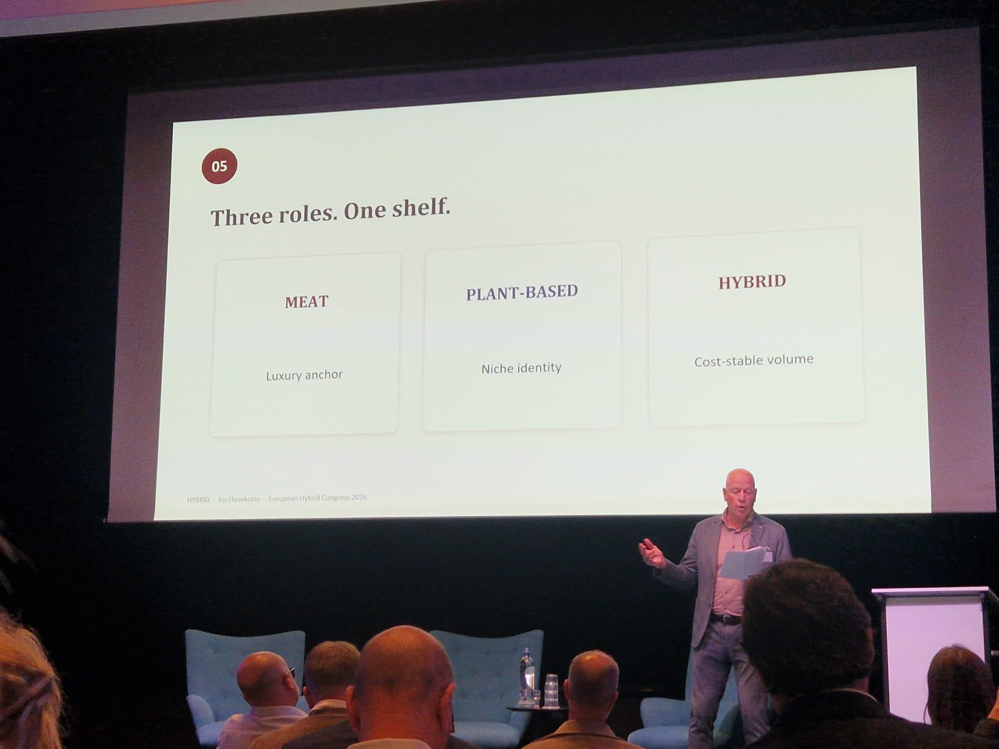 Jos Havekotte presenteert zijn visie over hoe hybride vlees gepositioneerd zal worden: een voordelige keuze voor de massa. Foto: Eiwit Trends