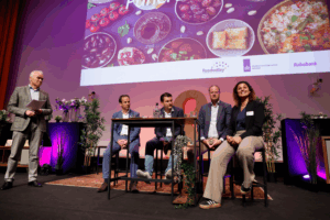 Paneldiscussie bij de Rabobank in Utrecht met Nutreco, Invest International en Fair capital over de financiering van buitenlandse uitbreiding door alternatieve eiwitbedrijven
